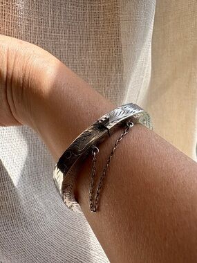 Engraved Oval Silver Bangle Bracelet